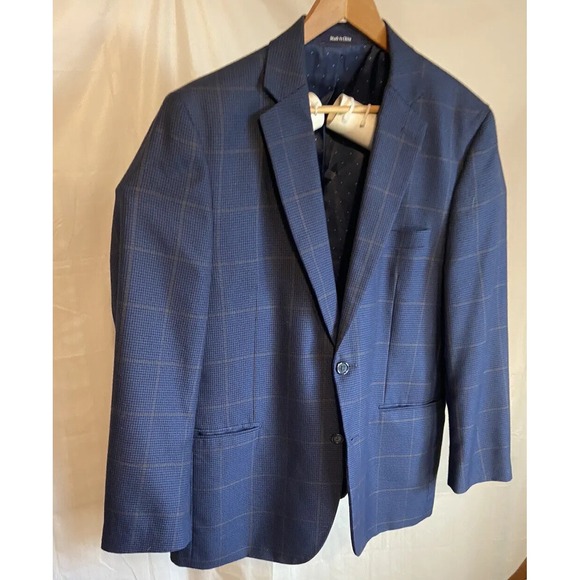Men's Blue / Gray Plaid Alan Flusser Suit Jacket- Size 44R-‎ Very Versatile